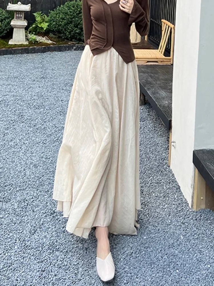 High Quality Cotton Linen Maxi Skirt Women Casual Elastic High Waist Pleated A-Line Beach Skirts Boho Saia Feminina Faldas Jupe