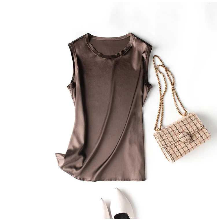 Heavy Silk Women's Sleeveless Top T-shirt Autumn Silk Top Silk Satin Bottom Top Solid Color T-shirts Satin Shirts for Women