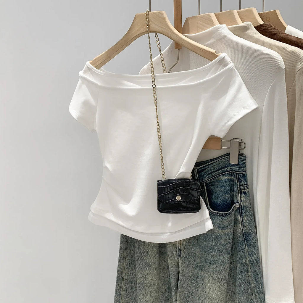 Unique Shoulder-Baring Pink Short-Sleeve T-Shirt Women's Summer New Style Korean Version Slim Fit Commute Style Cotton Material