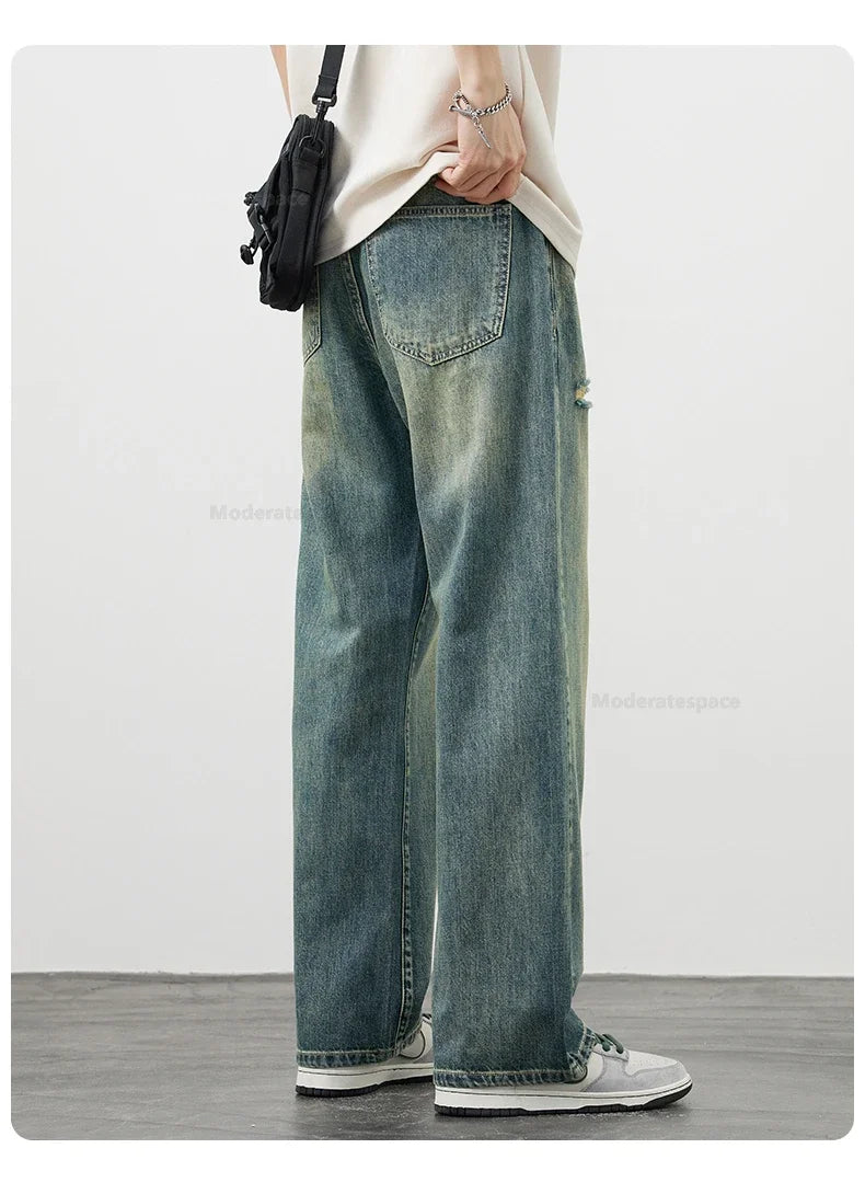 Korea Baggy Jeans Men's Vintage Straight Ripped Y2k Pants Fashion Frayed High Street Distressed Denim Trousers Male Clothes