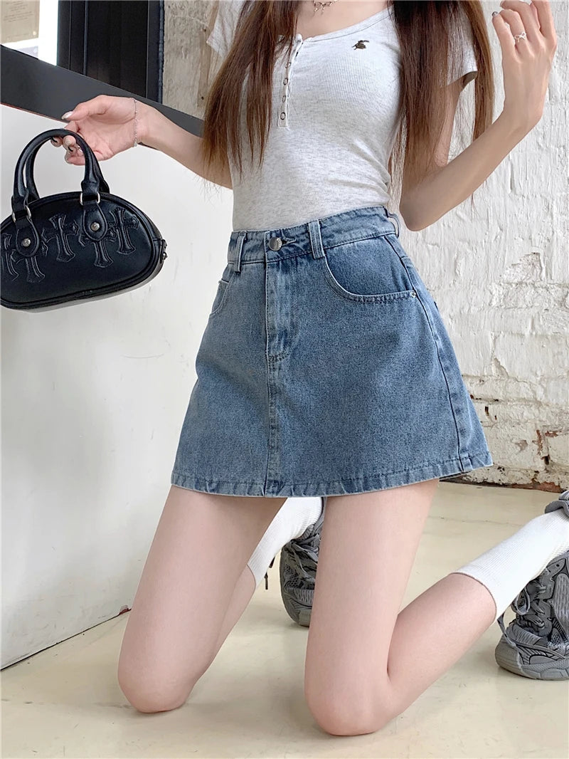 Elegant American Style High Waist A-Line Denim  Skirt Women's Fashionable Slimming Short Skirt Pants Skirt