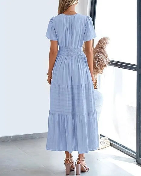 Summer Solid Color V-neck Tight Waist Dress French Style Elegant Pleated Large Swing Long Dress Casual Vacation Style Slimming M