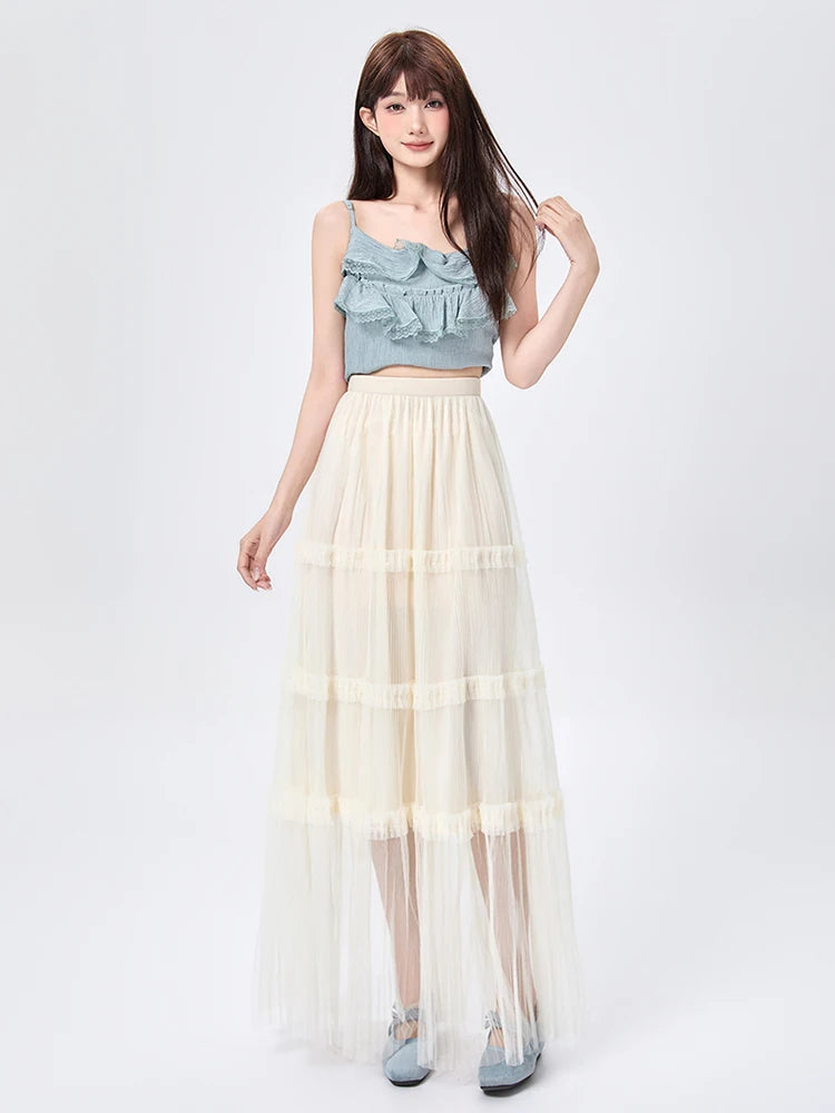 Women's Skirt Spring Summer Tiered Tulle High Waist Ruffle Hem A-Line Pleated Maxi Layered Mesh Cake Skirt Female Faldas SK120
