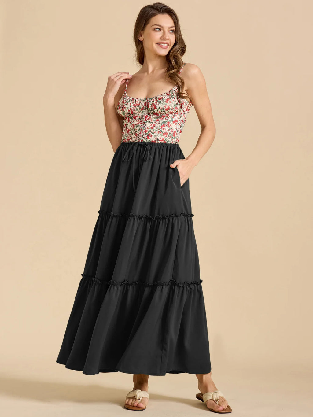 Elegant High Waist Elastic Pocket Long Skirt Adjustable Belted Half Body Skirt Women's Home Fashion Spring 2025 Polyester Blend