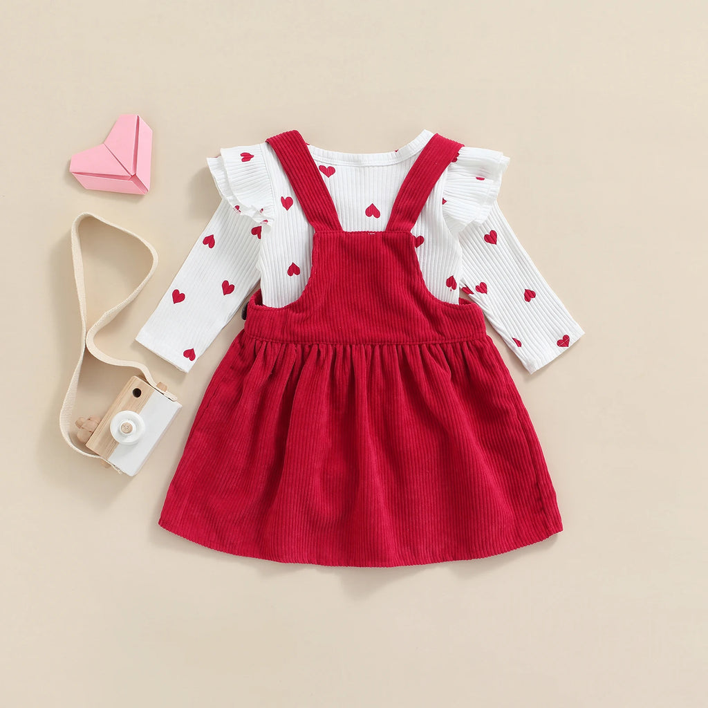 Citgeett Spring Valentine'S Day Infant Baby Girls Clothes Sets Heart Print Ruffles Long Sleee Bodysuits+Suspender Skirts Outfit