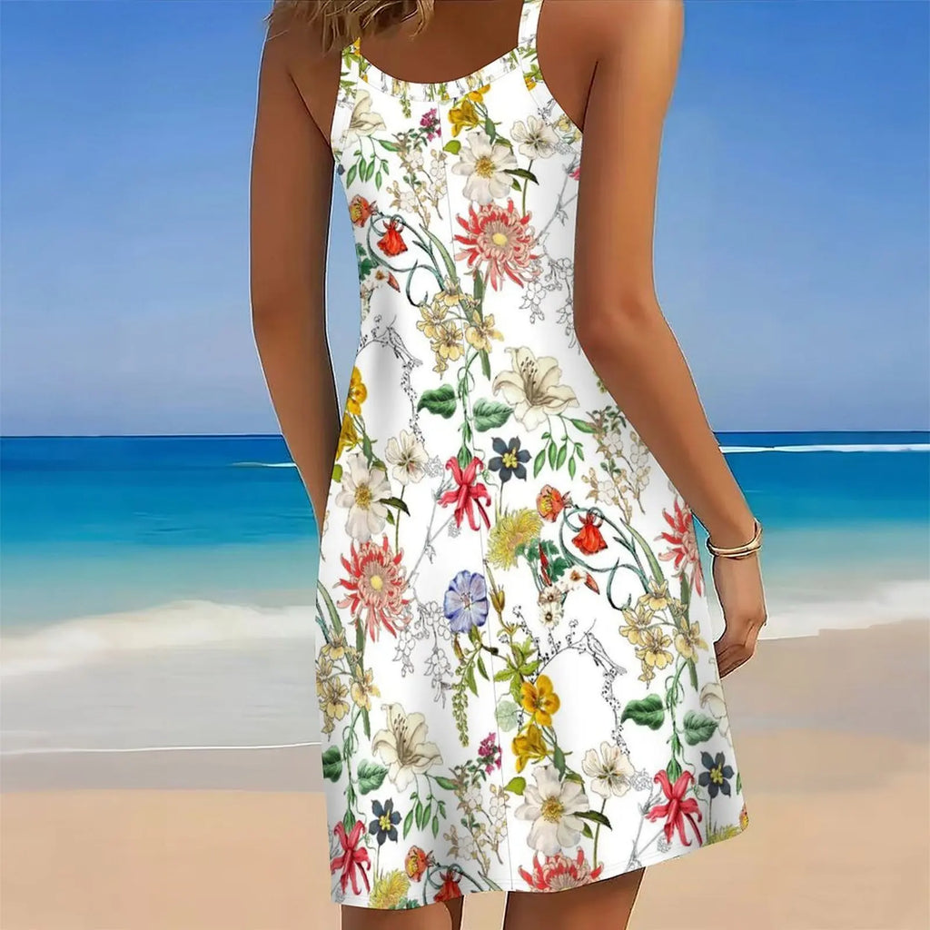 Women's Print Spaghetti Strap Cover Up Dress Irregular Hem Sleeveless Beach Swim Cover Up Sundress