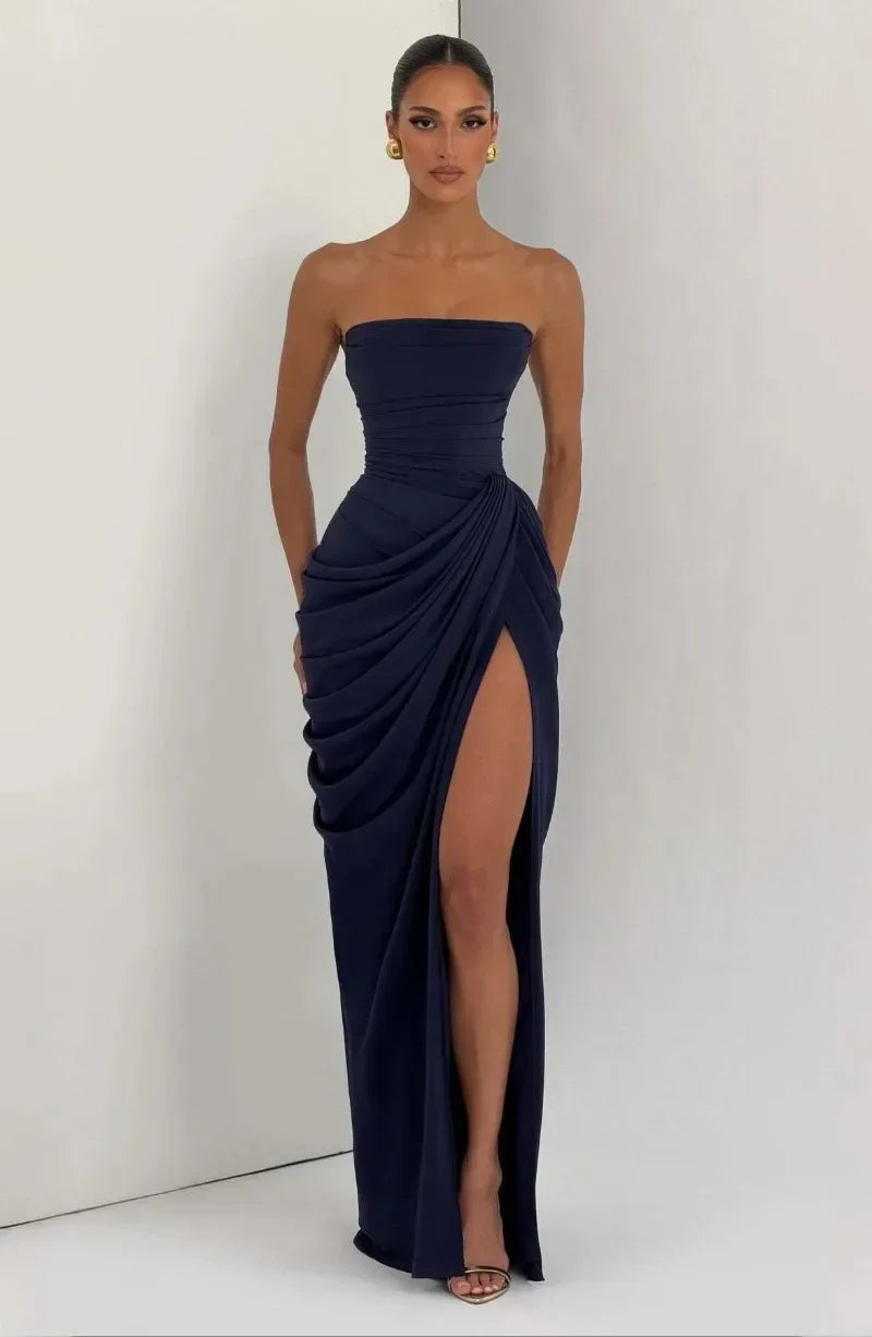 Elegant Strapless Ruched Maxi Dress Sexy Backless Lace Up Cinched Waist Slit Draped Bodycon Dresses Cocktail Party Evening Gown