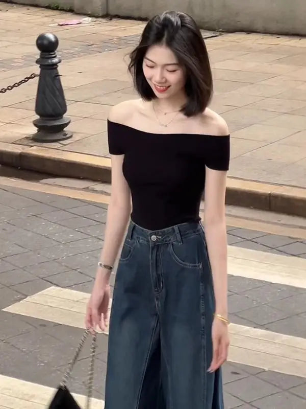 Shoulder Bared Knitted Short Sleeve T Shirt Women's Style Summer Edition Slim Fit Black Color Commute Fashion Creative Pattern
