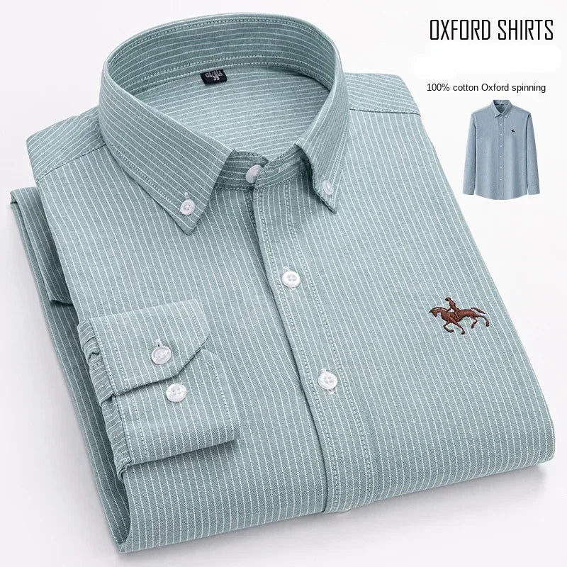 Premium Pure Cotton Oxford Shirt For Men Long Sleeve With Embroidered Horse Design Regular Fit White Dress Shirt