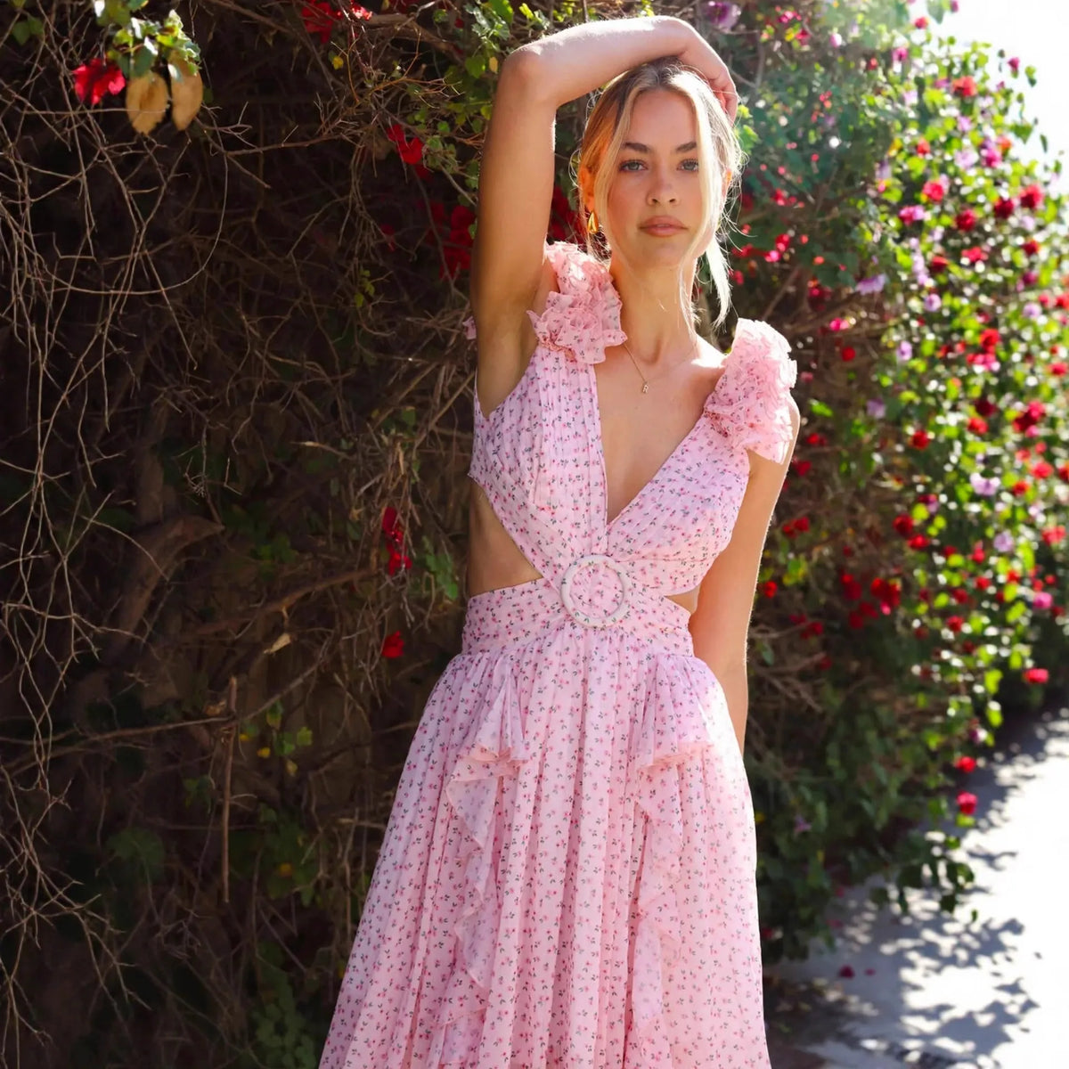 Floral Dress Women Spring Summer Deep V Neck Ruffle Hem Hollow Out Backless Maxi Dresses Bohemian Beach Sundress Outfit