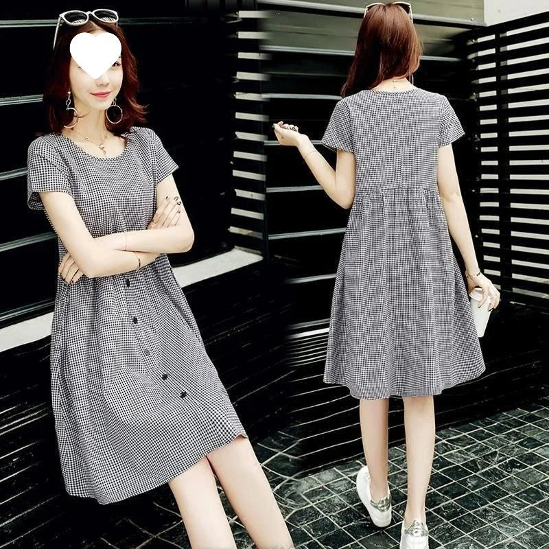 Black And White Plaid Summer Shirt Dress Women's Mid-Length Casual Outerwear Large Size Slimming Dress Artistic Retro Style