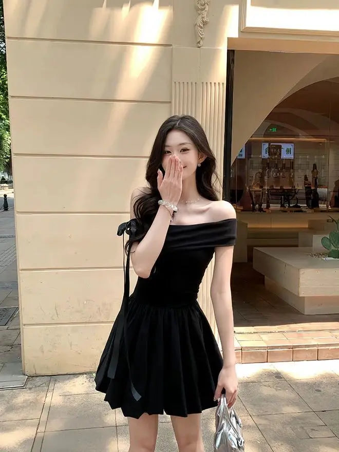 Black Off Shoulder Mini Dress With Bow Decor Ruched Waist Flared Silhouette For Women
