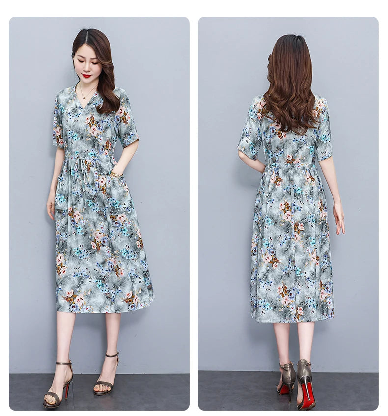 New Fashion 2025 Summer dresses For Women V-Neck Plus Size Woman Cothing Loose Short Sleeve Women Print Dresses