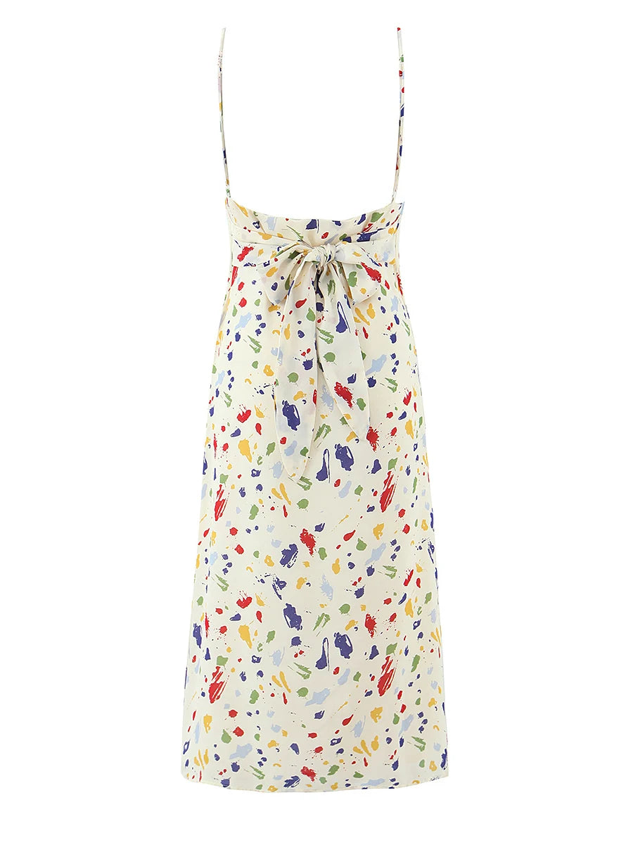French Style Spotted Print Sexy Backless Belted  Knot Waist Cinching Strapless Dress Holiday Casual V-Neck Sundress