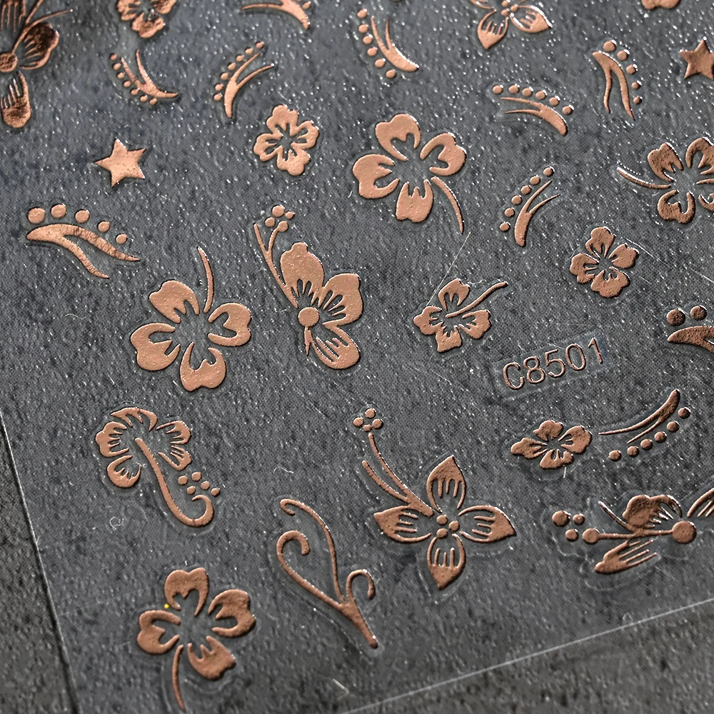 1 pieza 3D pegatinas de hibisco para uñas, flores blancas y negras, pétalos, calcomanías adhesivas, deslizadores florales rosas y dorados para decoración de uñas