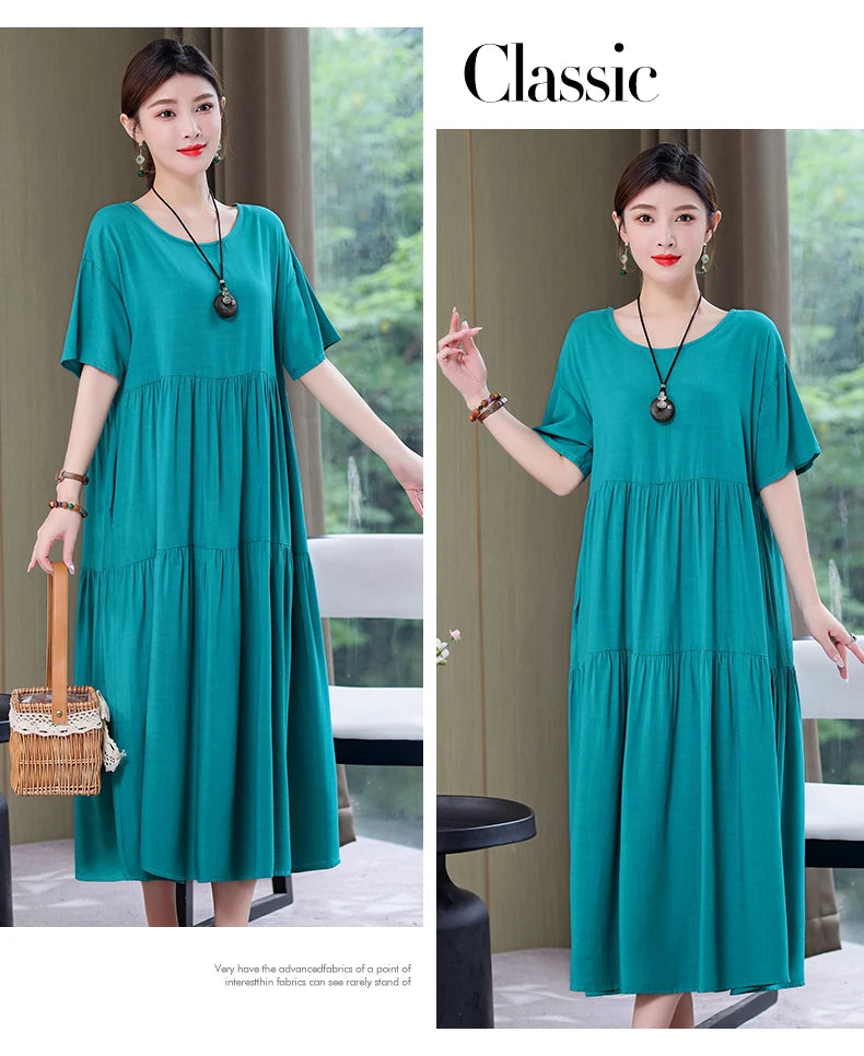 New Fashion 2023 Causal Summer Dresses For Women Loose Solid Long O-neck Dress Vintage Short Sleeve Womens Clothing