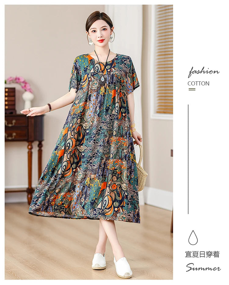 New Fashion Casual Summer Dress For Women Ladies O-Neck Print Short Sleeve Dress plus size Women Clothing