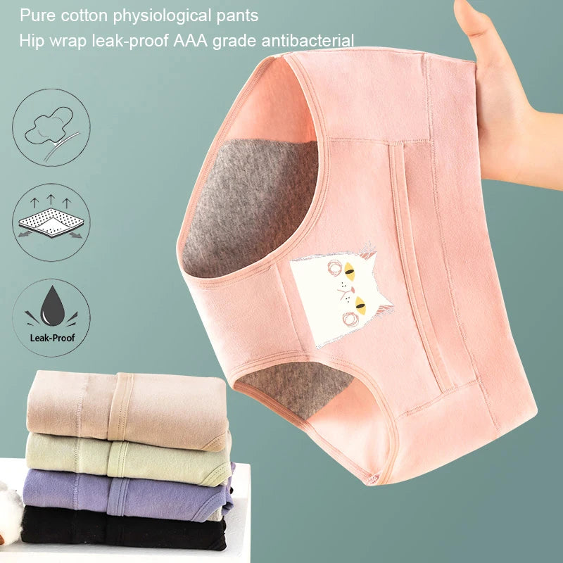 Cotton Menstrual Panties Leak Proof Breathable Cartoon cat Panties Woman Women Girls Physiological Pants Women's Intimates M-XL