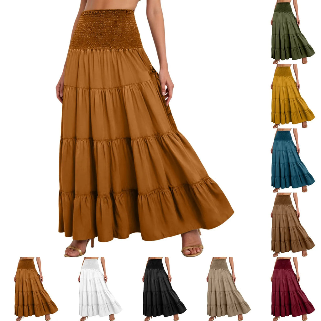 Boho Tiered A-Line Skirt Women Forest Fairy Pockets Patchwork Long Dress Elastic Waist Vintage Hippie Gypsy Maxi Skirt 스커트