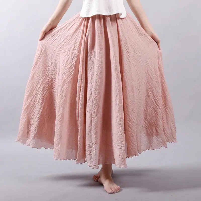 Women's Elegant High Waist Linen Maxi Skirt 2026 Summer Ladies Casual Elastic Waist 2 Layers Skirts Saia Feminina 20 Colors SK53