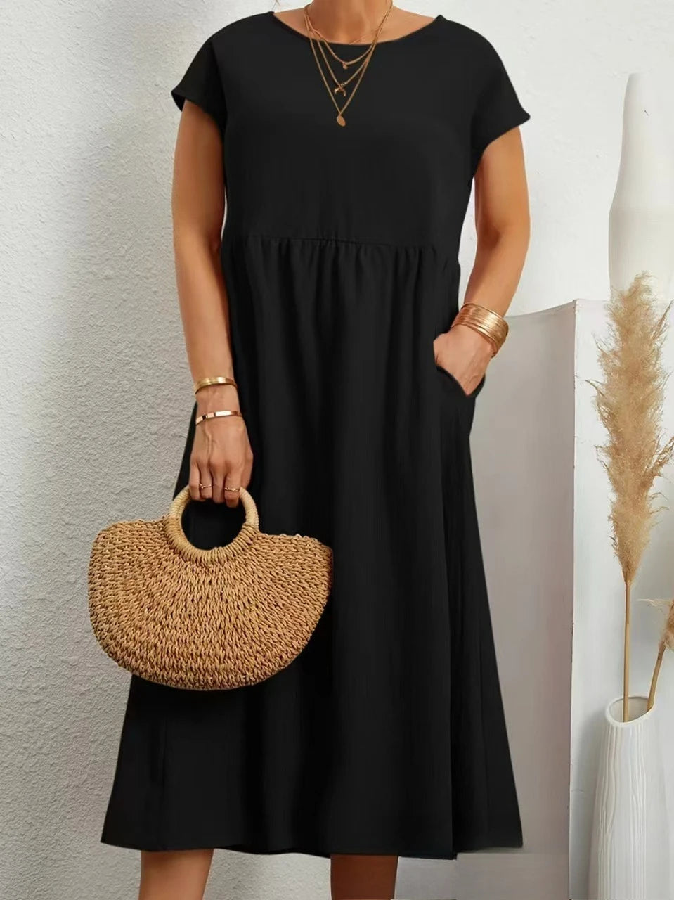 Premium Elegant Solid Cotton Linen Dress Summer Midi with Pockets Loose Fit Casual Crew Neck Short Sleeve for Beach Travel