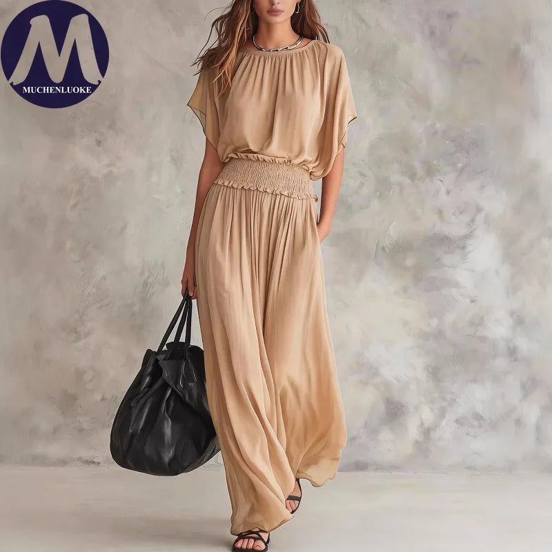 Elegant High-Waisted Loose Dress for Women Summer Fashionable Casual O-Neck Batwing Short Sleeve Waist-Cinching Elegant Women's