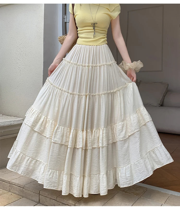 White Tiered Ruffle Hem Skirt 2025 - High Waist Flowy A-Line Maxi Skirt, Summer Chiffon Layered Skirt with Pleats