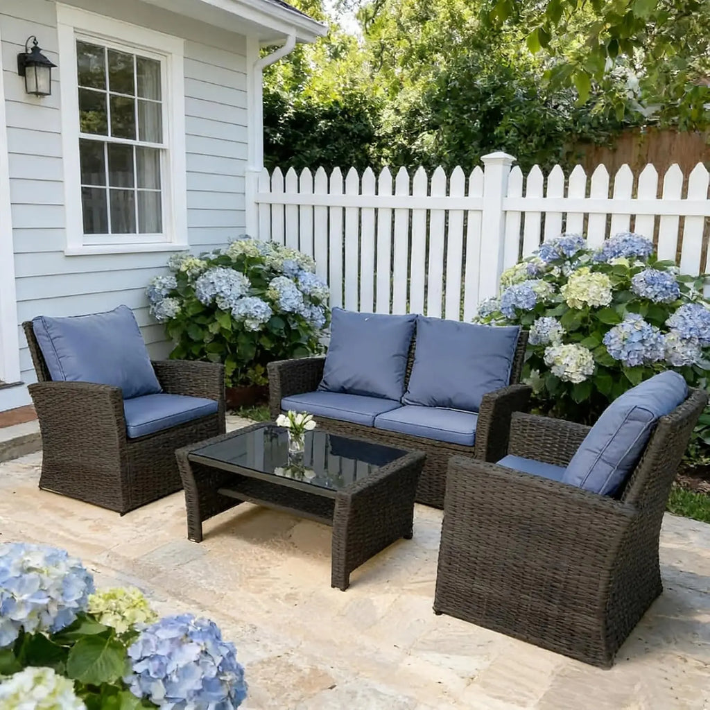 4 Piece Wicker Patio Sectional Sofa Set with Tempered Glass Table for Garden Porch Balcony, Customized