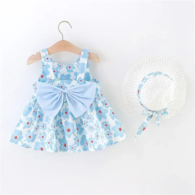 Beach Party Baby Girl Flower Dress Summer New Sweet Bow Children'S Clothing+Hat (9 Months -3 Years Old)