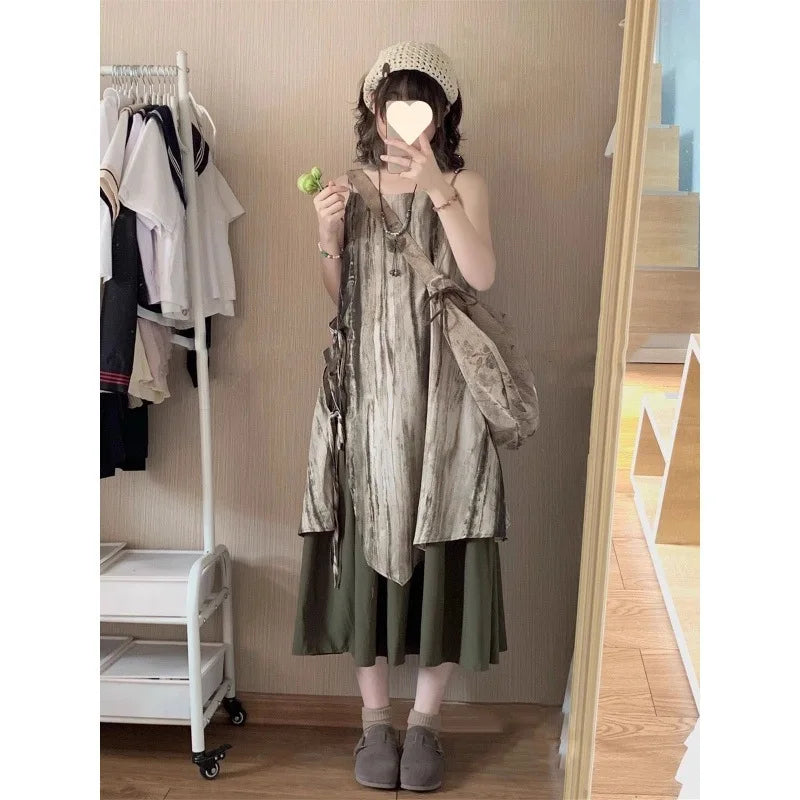 New Chinese Style Retro Dyed Halter Dress Summer Spring New Arrival Vacation Travel Small Size Long Dress Women Loose