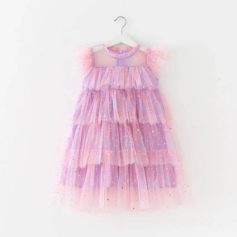 Girls Rainbow layered Dress Birthday Dress Teens Girl Clothes Summer Sequined Princess Mesh Tutu Dresses Kid Party Costume
