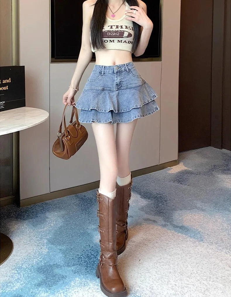 American High Waist A-word Denim Skirt Summer Cake Fluffy Skirt Women's Culottes