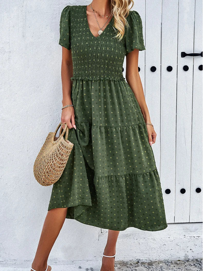Summer Women's Casual Polka Dot Long Dress Vacation Boho Short Sleeve Solid V-neck Beach Sundress Elastic Waist Midi Dresses