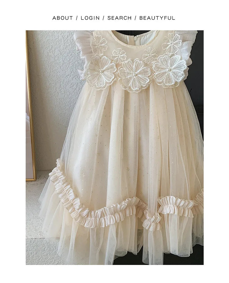 New Summer Kids Girls Lace Tulle Dress Fly Sleeve Ruffle Mesh Princess Gown Wedding Flower Girl Birthday Costume YF900