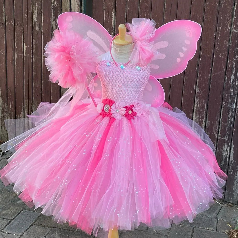 Girls Purple Glitter Dress Kids Flower Fairy Tutu Dresses with Butterfly Wing and Stick Hairbow Children Cosplay Party Costumes