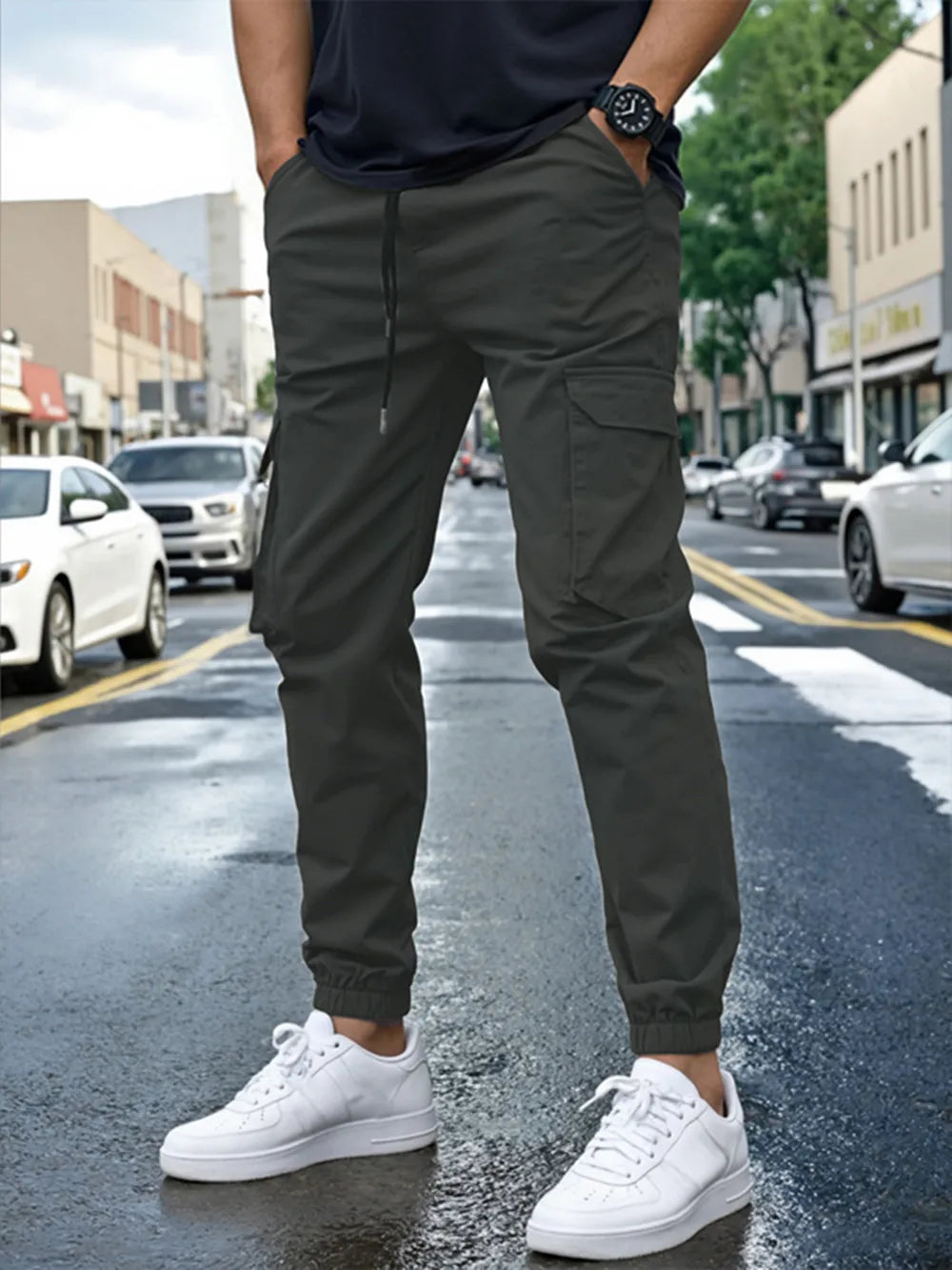 Men Elastic Drawstring Cargo Jogger Pants Multi Pocket Casual Streetwear Hip Hop Jogging Sweatpants Daily Work Trousers