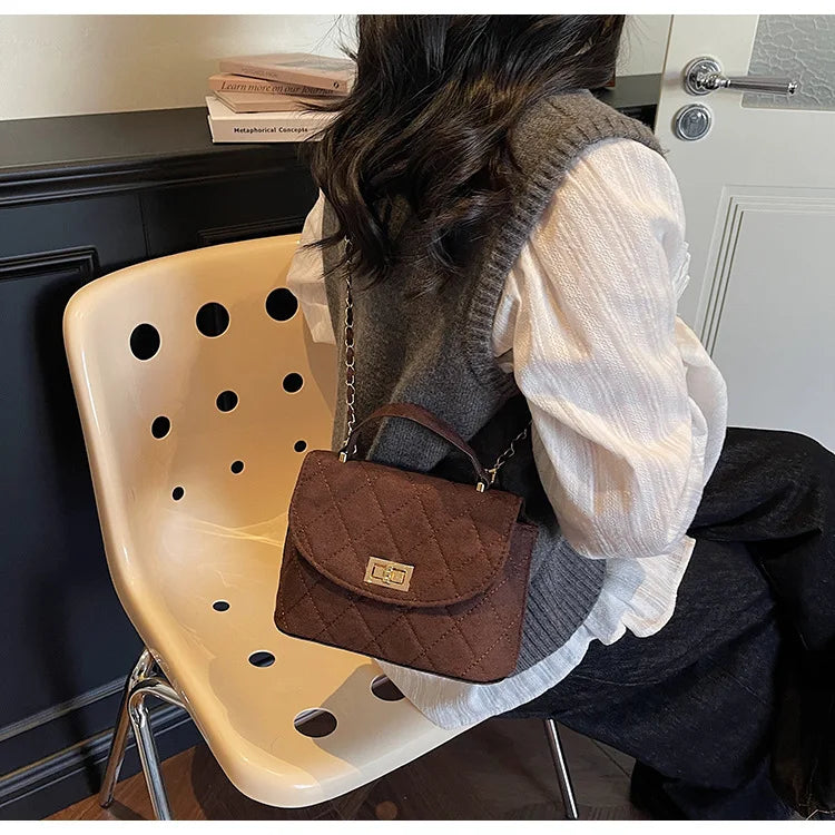 Diamond Grid Chain Crossbody Bag One Shoulder Purse Trendy Flip Top Clutch Women's Fashion Suede Leather Casual Shoulder Bag