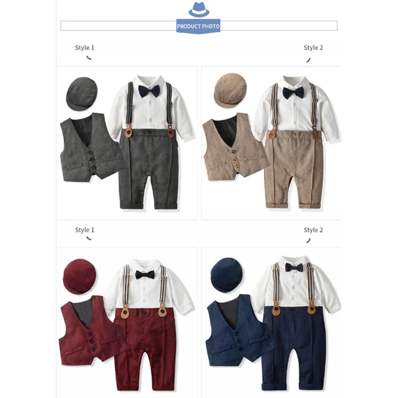 Newborn Baby Boy Formal Suit  Party Birthday Wedding Toddler Boys Outfit  Jumpsuit+Waistcoat+Beret+Bowtie+Suspender 0-3 Months