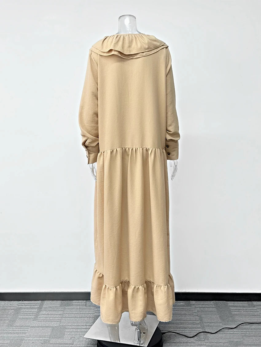 Parc Fee Fashion Loose Khaki Women's Dress Sexy V-Neck Long Sleeve Ankle Length Dresses Elegant Classic Ruffles Female Dress