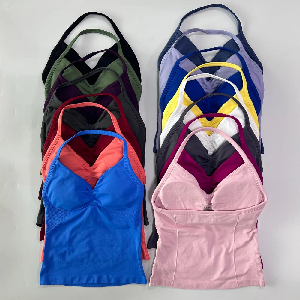No Logo Longline Strappy Top Women Seamless Yoga Tank Tops Buit-in Bra Ruched Backless Gym Clothes Sleeveless Shirt Workout Top