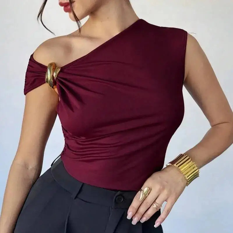 Women Solid Color Short Sleeved Top Summer Asymmetrical Slanted Collar Slimming Vest Elegant Comfortable And Breathable Vest