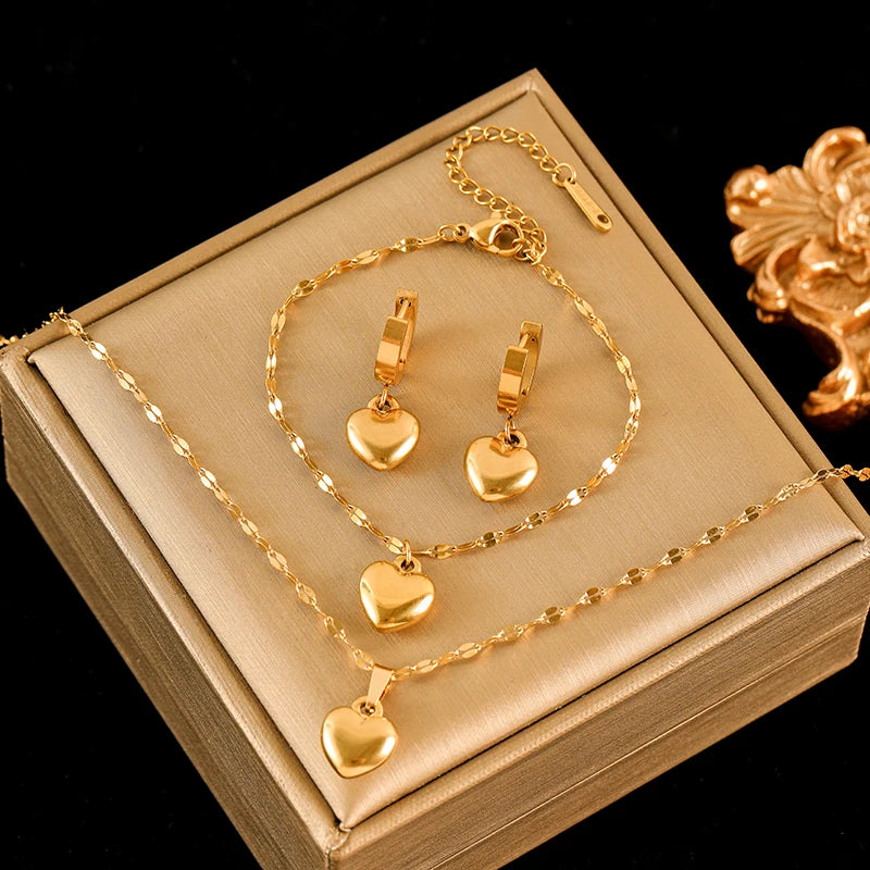 Eilieck 316L Stainless Steel Heart Jewelry Set For Women Necklace Bracelet Earrings 18K Gold Plated Waterproof