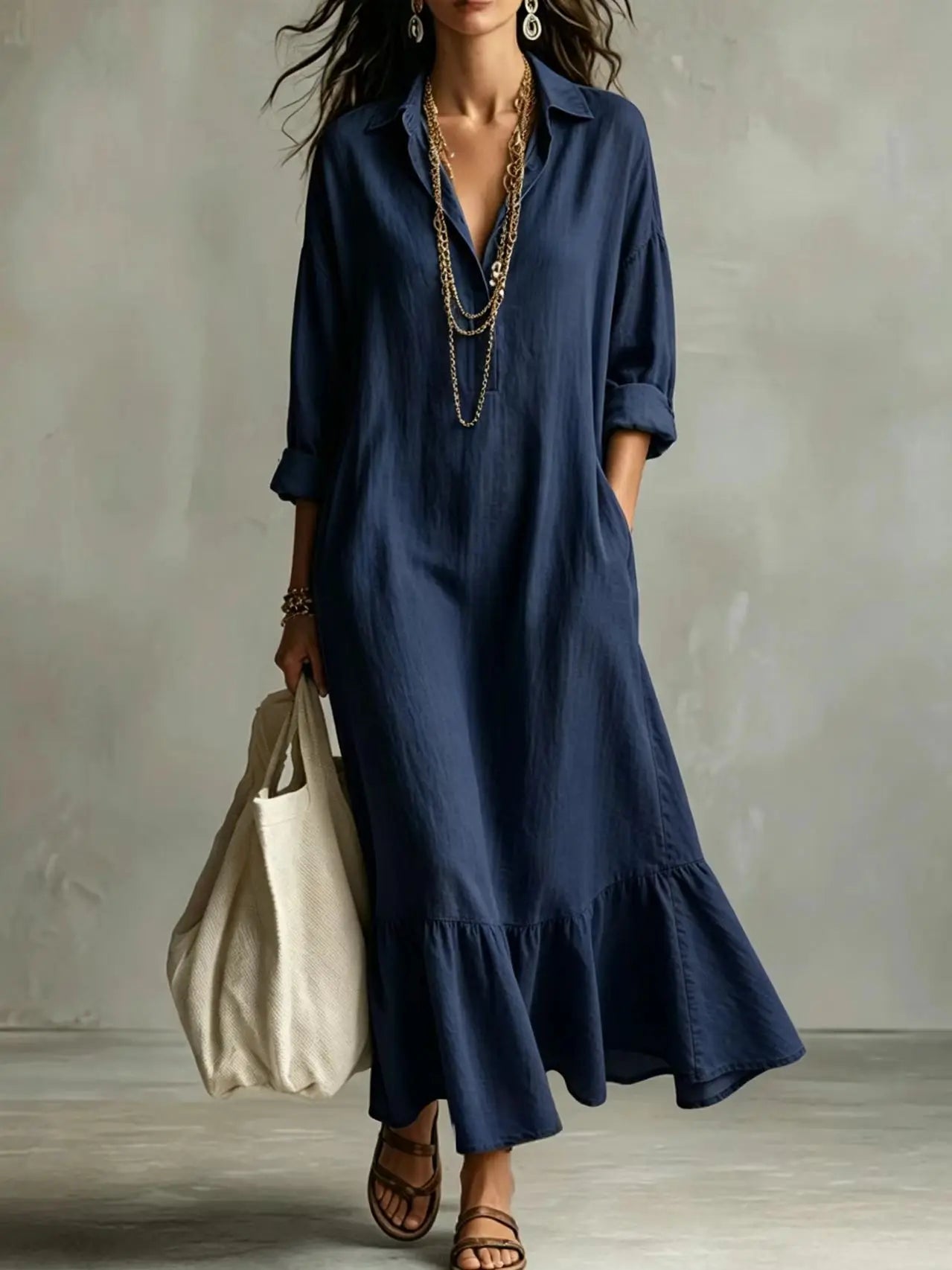 Spring Autumn New Fashion Button Lapel Long Sleeve Shirt Women's Loose Dress Casual Simple Retro Ruffled Swing Dress Female2026