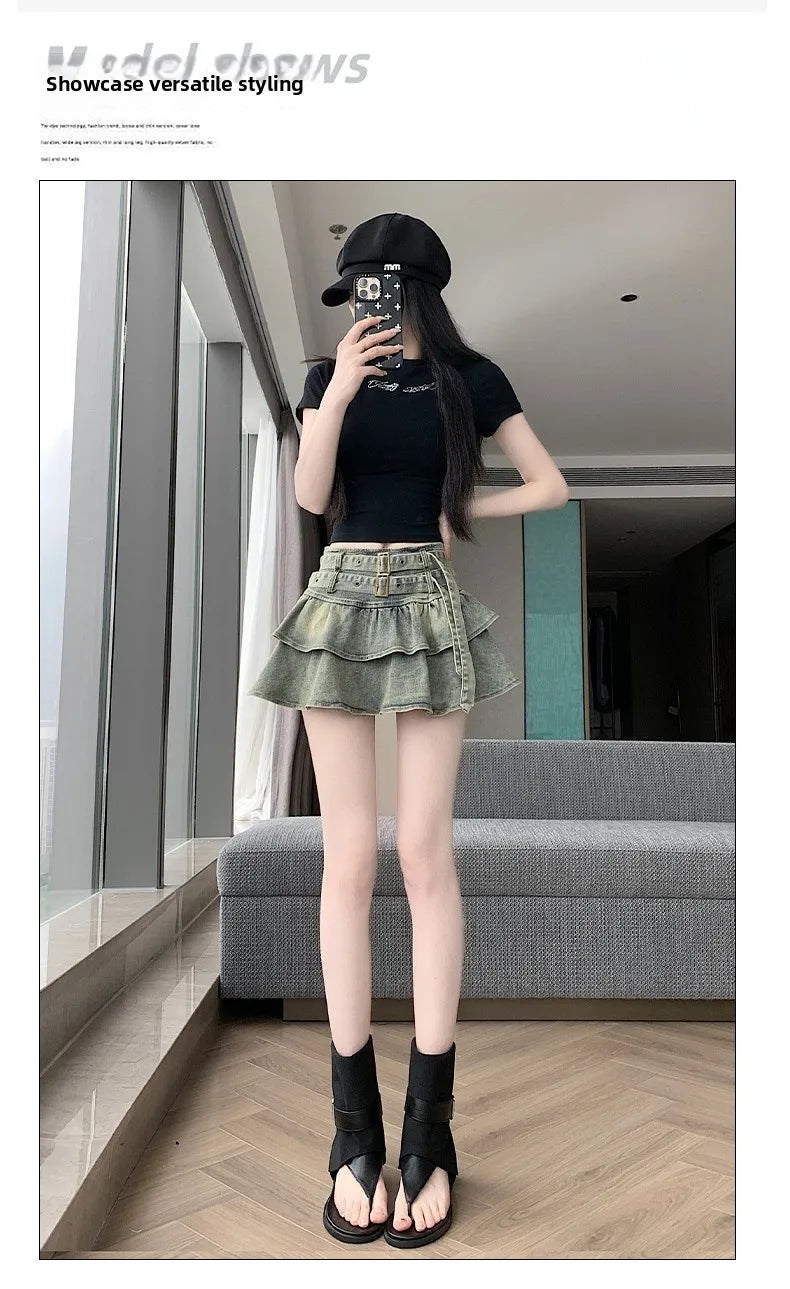 American Pure Desire Spicy Girl Design Elastic Denim Skirt Half-length Pleated Cake Skirt Short Commute High Elasticity