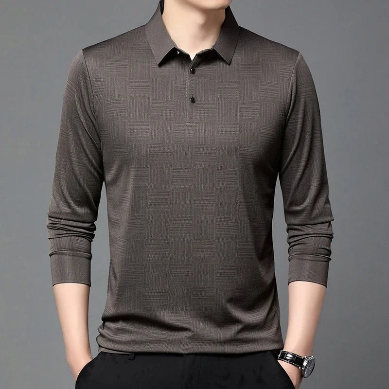 New Men's Business Casual Long Sleeved Shirt Solid Color Polo Shirt Fashionable Breathable Comfortable Versatile Top