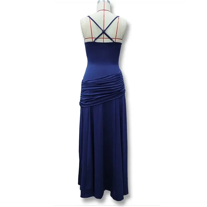 Elegant Strapless Ruched Maxi Dress Sexy Backless Lace Up Cinched Waist Slit Draped Bodycon Dresses Cocktail Party Evening Gown