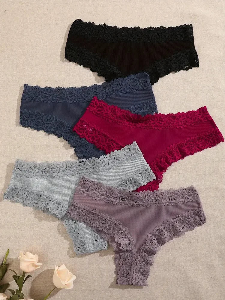 Women's Cotton Panties 5Pcs Set Floral Lace Patchwork Soft Breathable Comfort Underwear For Women Lingerie