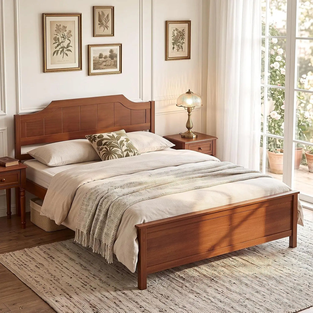 GIANTEX Full Size Wooden Bed Frame with Headboard, Wood Slat Support | Farmhouse Platform Bed with Heavy Duty Mattress Foundatio