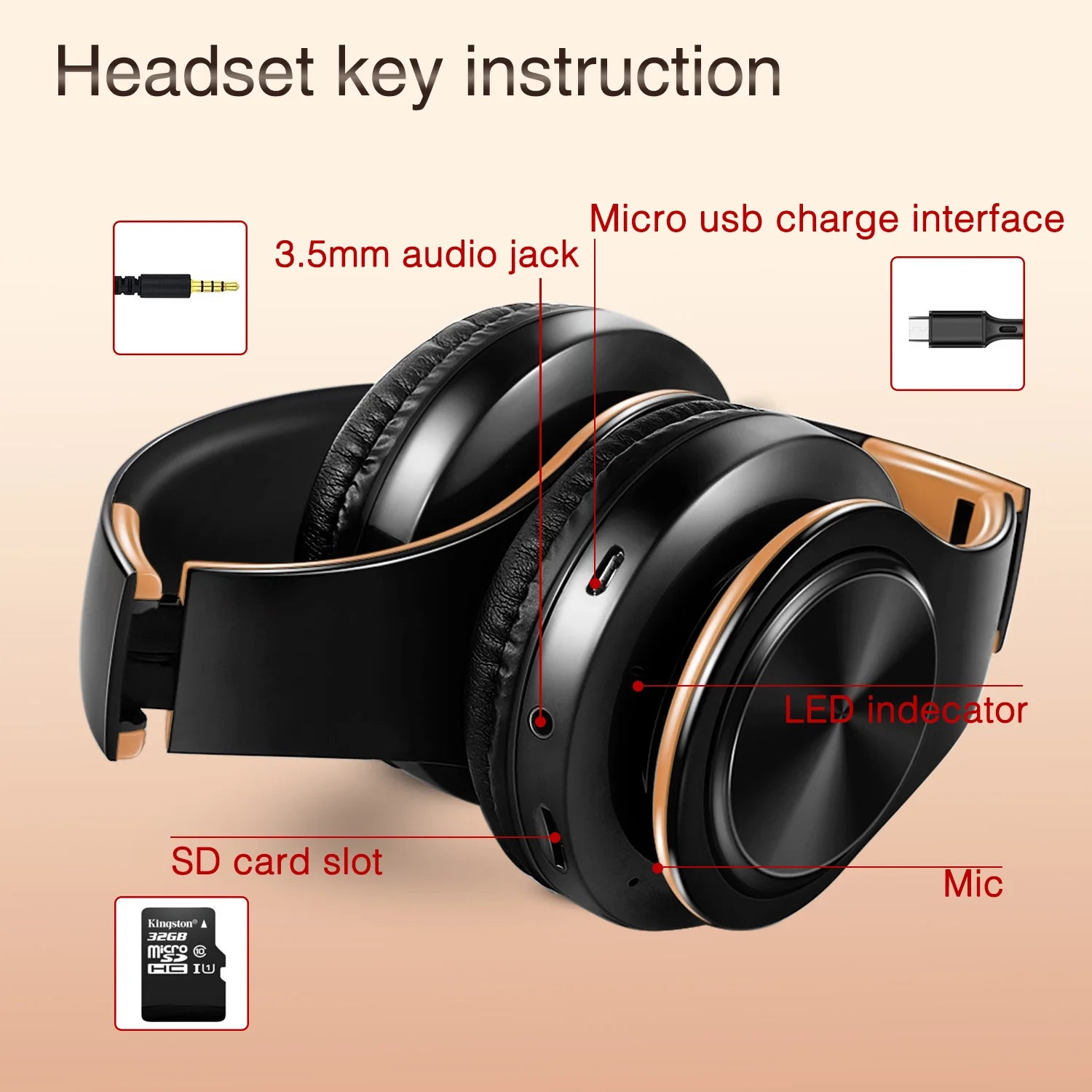 Auriculares inalámbricos dorados para hombre, audífonos estéreo con Bluetooth y micrófono incorporado, universales para Android e iOS