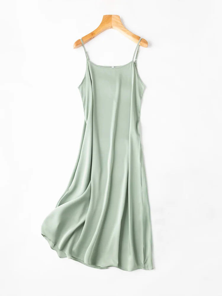 SuyaDream Women Silk Dress 93%Silk 7%Spandex Spaghetti Strap Mid Dresses 2024 Summer New Clothes Blue